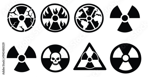 Flat icon set of 8 radioactive warning symbols featuring hazard signs skull and global danger concepts for safety design