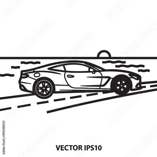 Sleek sports car journey on coastal road with setting sun, symbolizing freedom and dynamic travel