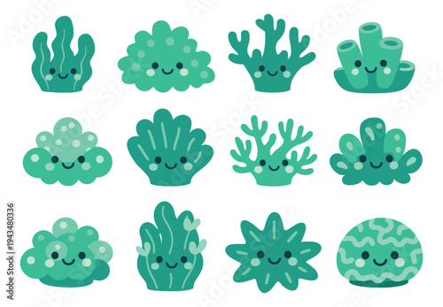 Cartoon icon set of 12 cute sea plants featuring smiling seaweed, coral and algae characters for ocean themed design