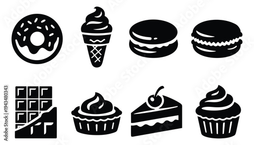 Silhouette icon set of 8 sweet desserts featuring donut, ice cream, macaron, burger, chocolate, cupcake, pie slice and muffin for bakery design