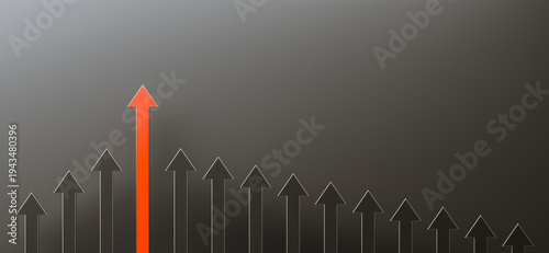 Leadership and growth concept, red arrow standing out from the crowd of black arrows, on black background with empty copy space on right side. 3D Rendering