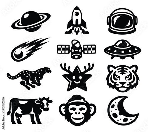 Silhouette icon set of 12 featuring space objects and wild animals including rocket, planet, tiger and monkey for versatile design