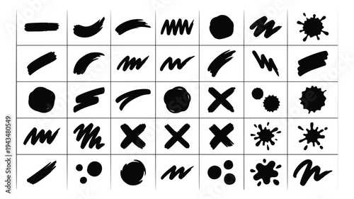 Hand drawn brush stroke set of 28 featuring splats, crosses, scribbles, circles and smears for grunge design