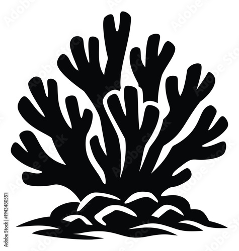 Silhouette illustration of coral reef depicting branching sea coral growing from rocks for ocean and marine design