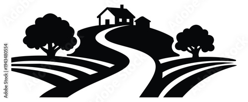 Silhouette illustration of rural farmhouse depicting winding road through countryside fields and trees for agriculture design