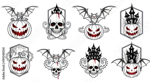 Spooky Halloween Icons: Pumpkins, Skulls, Bats, and Haunted Castles