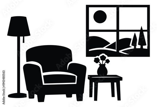 Silhouette illustration of cozy living room depicting armchair lamp side table and window view for interior design