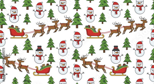 Christmas seamless pattern with Santa sleigh, reindeer, snowmen and trees