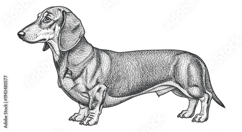 Dachshund Dog Portrait, Black and White Stipple Art
