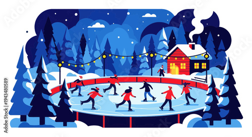 Winter Ice Skating Rink in Snowy Forest Village with Cozy Cabin and Lights