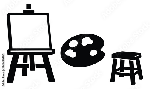 Silhouette illustration of artist studio equipment featuring easel with canvas, paint palette and stool for creative design