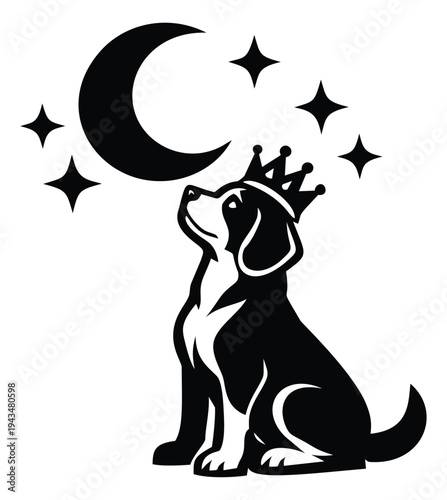 Silhouette illustration of a crowned dog gazing upward depicting a royal pet under the night sky for animal and pet design