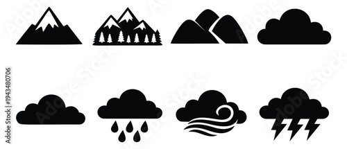 Silhouette icon set of 8 nature and weather symbols featuring mountains, forest, clouds, rain, wind and storm for outdoor and forecast design