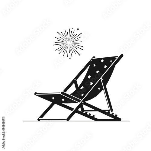 Black and white illustration of a beach chair with fireworks.