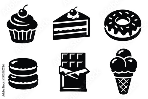 Silhouette icon set of 6 sweet desserts featuring cupcake, cake slice, donut, macaron, chocolate bar and ice cream for bakery design