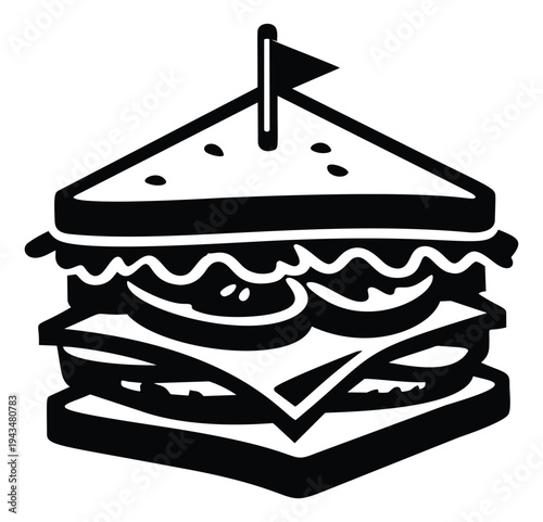 Bold cartoon illustration of a club sandwich depicting layered ingredients with a toothpick flag for food and restaurant design