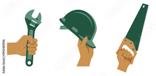 Flat icon set of 3 construction tools featuring wrench, hard hat and hand saw held by hands for labor day design