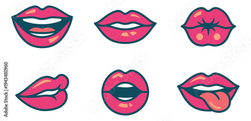 Cartoon icon set of 6 feminine lips featuring smiling, kissing, open mouth and tongue expressions for beauty design