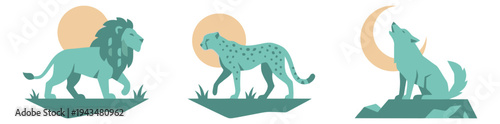 Flat icon set of 3 wild predator animals featuring lion, cheetah and howling wolf with celestial accents for nature design