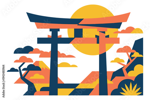 Flat illustration of a Japanese torii gate depicting a traditional shrine landscape with sun and pine trees for travel and cultural design