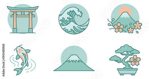 Outline icon set of 6 Japanese culture symbols featuring torii gate, wave, Mount Fuji, koi fish, cherry blossom and bonsai tree for travel and asian design