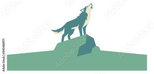 Flat illustration of a wolf howling on a rocky outcrop depicting wildlife and nature for outdoor and adventure design