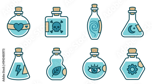 Cartoon icon set of 8 magic potion bottles featuring love, poison, nature, eye and lightning symbols for fantasy game design