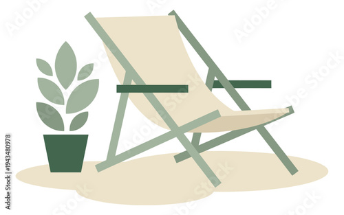 Flat illustration of a deck chair and potted plant depicting a relaxing outdoor lounge scene for summer and leisure design