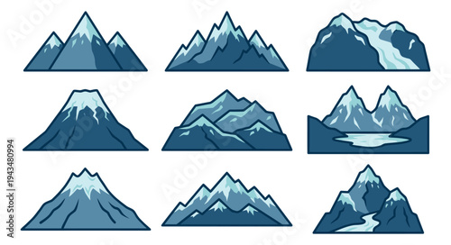 Cartoon icon set of 9 mountain peaks featuring snow caps, glaciers and alpine lakes for outdoor and travel design