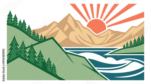 Flat cartoon illustration of a mountain landscape depicting a sunrise over peaks and river with pine trees for outdoor and travel design