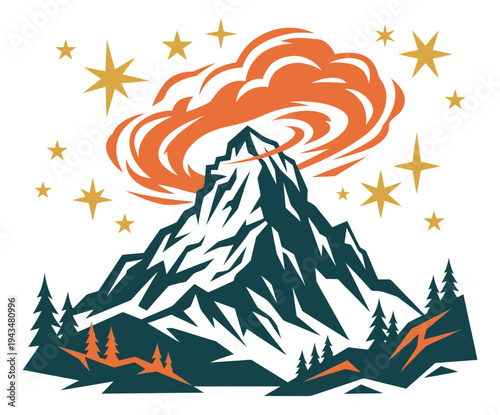 Flat illustration of a dramatic mountain peak depicting fiery eruption with stars and pine trees for adventure and outdoor design