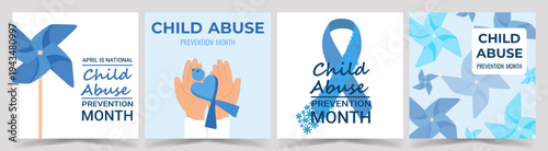 Child Abuse Prevention Month Poster set with blue ribbon, pinwheel illustrations. Social campaign collection for protection, safety, education and community support initiatives during prevention month