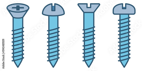 Cartoon icon set of 4 screws featuring flat head, phillips, countersunk and round head types for hardware and construction design