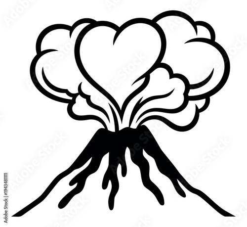 Cartoon illustration of erupting volcano with heart shaped smoke cloud depicting passionate love explosion for valentine and romance design