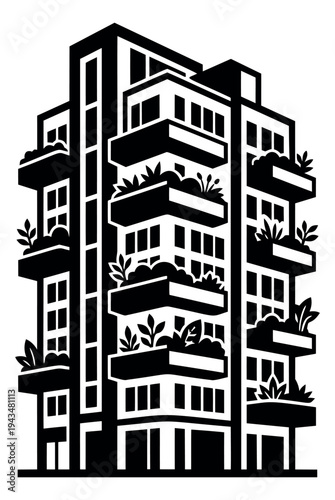 Silhouette illustration of modern apartment building depicting urban residential tower with green balcony gardens for architecture and real estate design