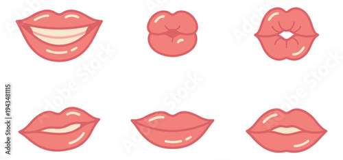 Cartoon icon set of 6 female lips featuring smiling, kissing and pouting expressions for beauty and cosmetics design