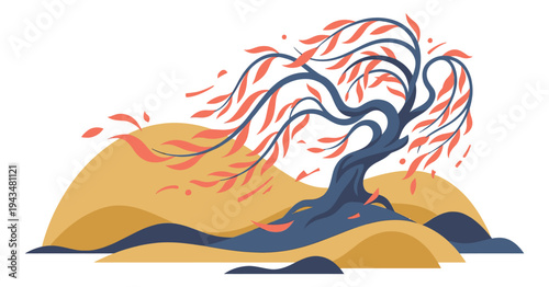Flat illustration of a windswept tree depicting autumn leaves blowing in the wind for nature and seasonal design