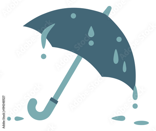Flat illustration of a wet umbrella depicting rain drops and puddles for weather and seasonal design