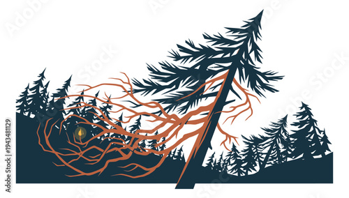Woodcut style illustration of a falling pine tree depicting lightning strike and wildfire spreading through forest for nature and environment design