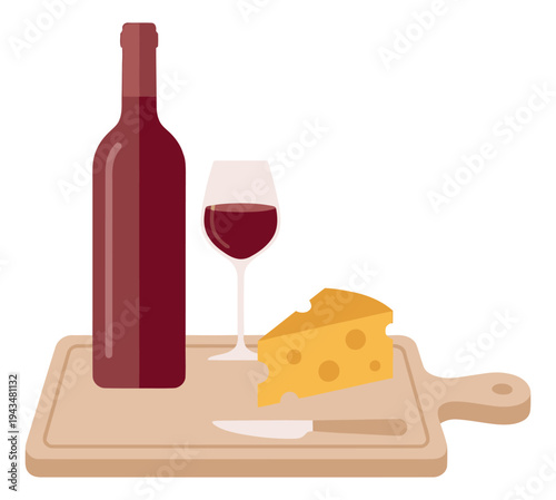 Flat illustration of wine and cheese depicting a red bottle, glass and swiss cheese wedge on a wooden cutting board for food and beverage design
