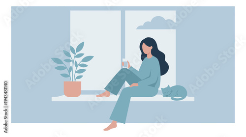 Flat illustration of a young woman sitting on a windowsill depicting a cozy relaxing moment with a cat and houseplant for lifestyle design