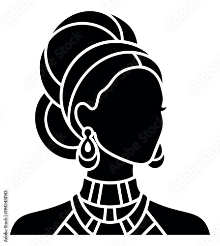Silhouette illustration of an elegant African woman depicting traditional jewelry and updo hairstyle for fashion and cultural design
