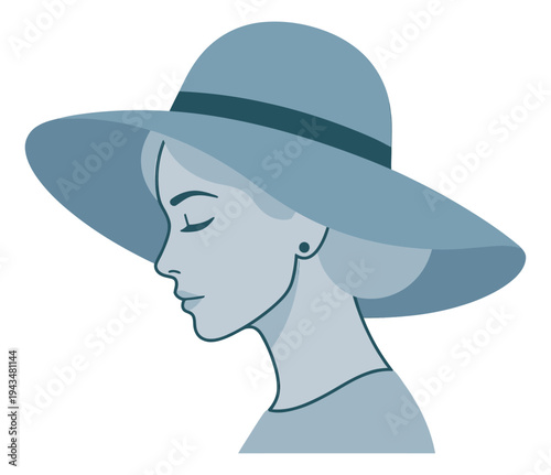 Flat illustration of elegant woman in wide brim hat depicting side profile portrait for fashion and beauty design