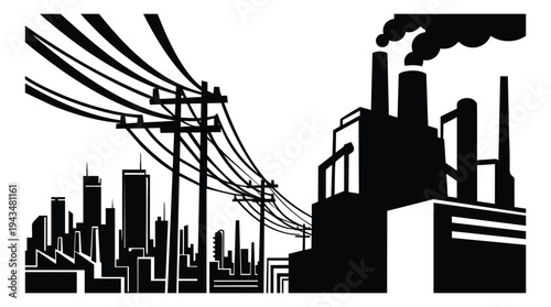 Silhouette illustration of industrial cityscape depicting factory smoke and power lines for energy and pollution design