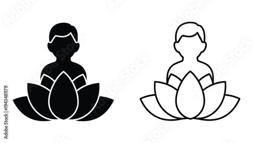 A black and white icon of a person meditating on a lotus flower