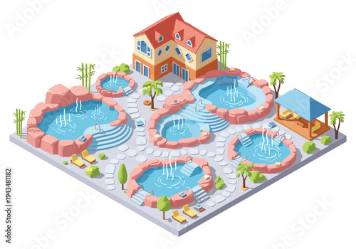 Isometric hot spring resort with multiple pools and a building, offering relaxation and wellness