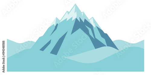 Flat illustration of a snow capped mountain depicting rocky peaks and rolling hills for nature and travel design