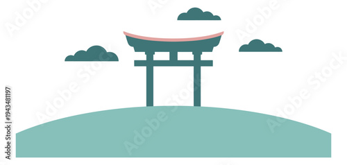 Flat illustration of a torii gate depicting a Japanese shrine on a hill with clouds for travel and culture design