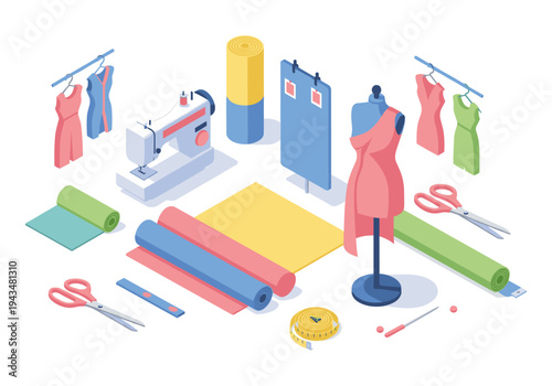 Sewing and tailoring supplies arranged in a clean isometric illustration