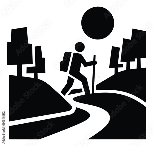Silhouette illustration of a hiker with backpack and trekking pole depicting trail walking under sun for outdoor and adventure design